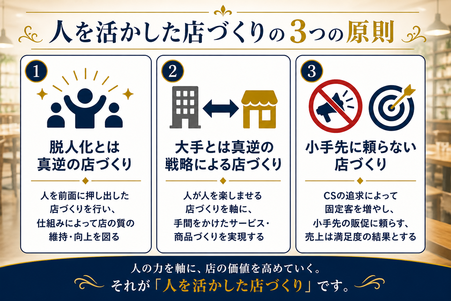 「人を活かした店づくりの3つの原則」というタイトルのもと、3つの原則が横並びのカード形式で説明されている画像。下部には「人の力を軸に、店の価値を高めていく。それが『人を活かした店づくり』です。」と記載されています。

各原則の内容は以下の通りです。
1：脱人化とは真逆の店づくり
（人を前面に押し出した店づくりを行い、仕組みによって店の質の維持・向上を図る）

2：大手とは真逆の戦略による店づくり
（人が人を楽しませる店づくりを軸に、手間をかけたサービス・商品づくりを実現する）

3：小手先に頼らない店づくり
（CSの追求によって固定客を増やし、小手先の販促に頼らず、売上は満足度の結果とする）