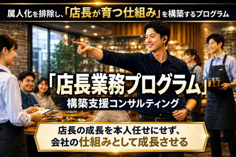 飲食店の店長育成・教育を仕組み化する「店長業務プログラム」構築支援コンサルティング｜店長の行動力改善の秘訣、無料資料進呈中！