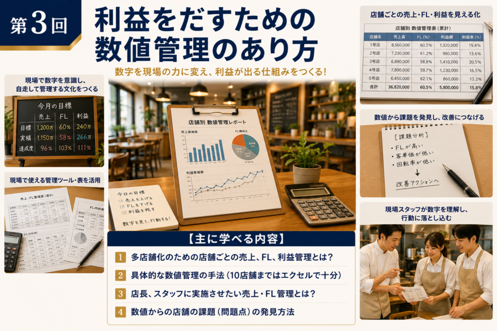 飲食店多店舗化推進講座・第3回「利益をだすための数値管理のあり方」のカリキュラム紹介画像。飲食店の多店舗化・多店舗展開で利益を伸ばすために、店舗ごとの売上・FL・利益管理、具体的な数値管理手法、Excelを活用した管理方法、店長・スタッフが行う売上・FL管理、数値から店舗の課題や問題点を発見する方法を紹介している。店舗別の売上・FL・利益をまとめた管理表、数値分析資料、電卓、目標管理ボードなどの写真を用いて、数字を現場の行動につなげ、利益を生み出す飲食店経営の考え方を視覚的に表現している。