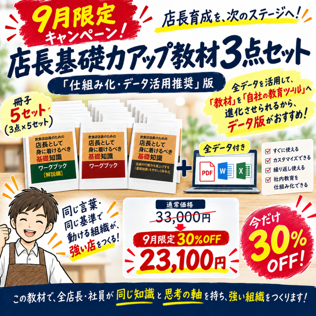 9月限定キャンペーンとして「店長基礎力アップ教材3点セット」の「仕組み化・データ活用推奨」版を紹介する手書き風の広告画像。通常価格33,000円から30％OFFとなる9月限定価格23,100円で、3点セットの冊子5セット（3点×5セット）と全データが付くことを大きく訴求している。全データを活用して「教材」を「自社の教育ツール」へ進化させられるためデータ版がおすすめであること、PDF・Word・Excel形式のデータをすぐに使える、カスタマイズできる、繰り返し使える、社内教育を仕組み化できると説明している。さらに、同じ言葉・同じ基準で動ける組織をつくり、強い店をつくることを訴求。下部には「この教材で、全店長・社員が同じ知識と思考の軸を持ち、強い組織をつくります！」と記載されている。飲食店の店長育成、店長教育、店長研修、社内教育の仕組み化、多店舗展開に活用できる教材の9月キャンペーンを伝える画像。
