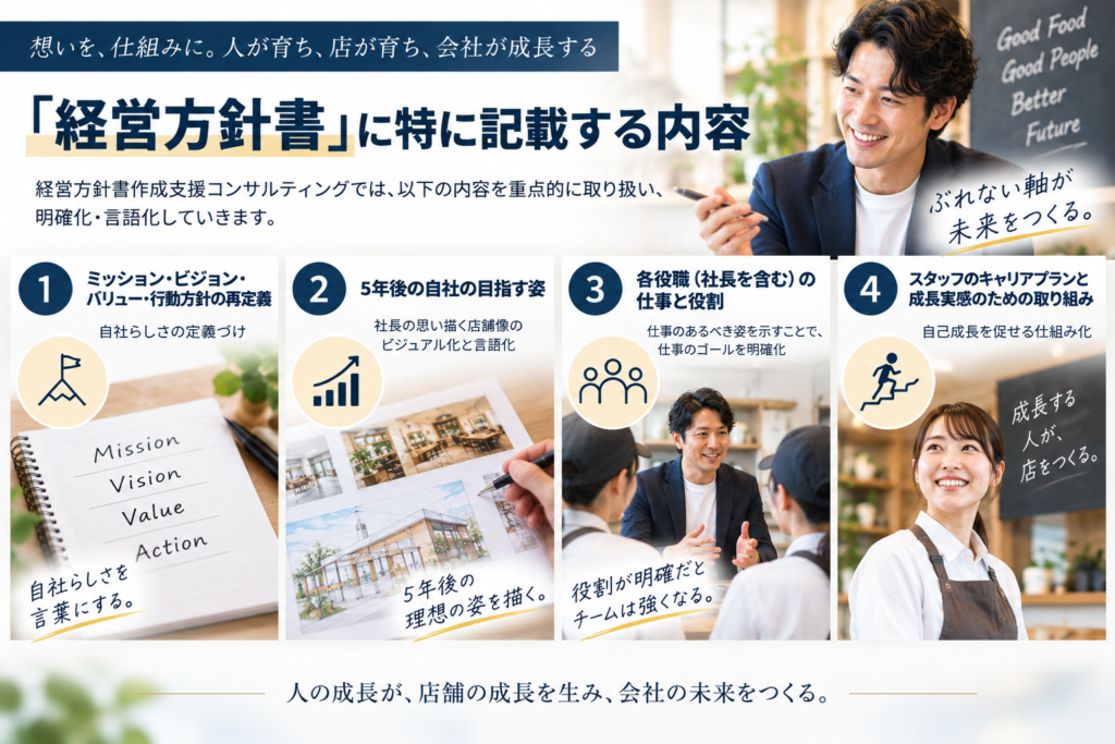 経営方針書作成支援コンサルティングの内容を紹介する横長の図解。経営方針書に記載する4つの重点項目として、①ミッション・ビジョン・バリュー・行動方針の再定義による自社らしさの明確化、②5年後の自社の目指す姿のビジュアル化と言語化、③社長を含む各役職の仕事と役割の明確化、④スタッフのキャリアプランと成長実感を促す仕組み化を、写真やアイコンとともに紹介している。人の成長、店舗の成長、会社の未来を経営方針書によってつくることを表現した画像。