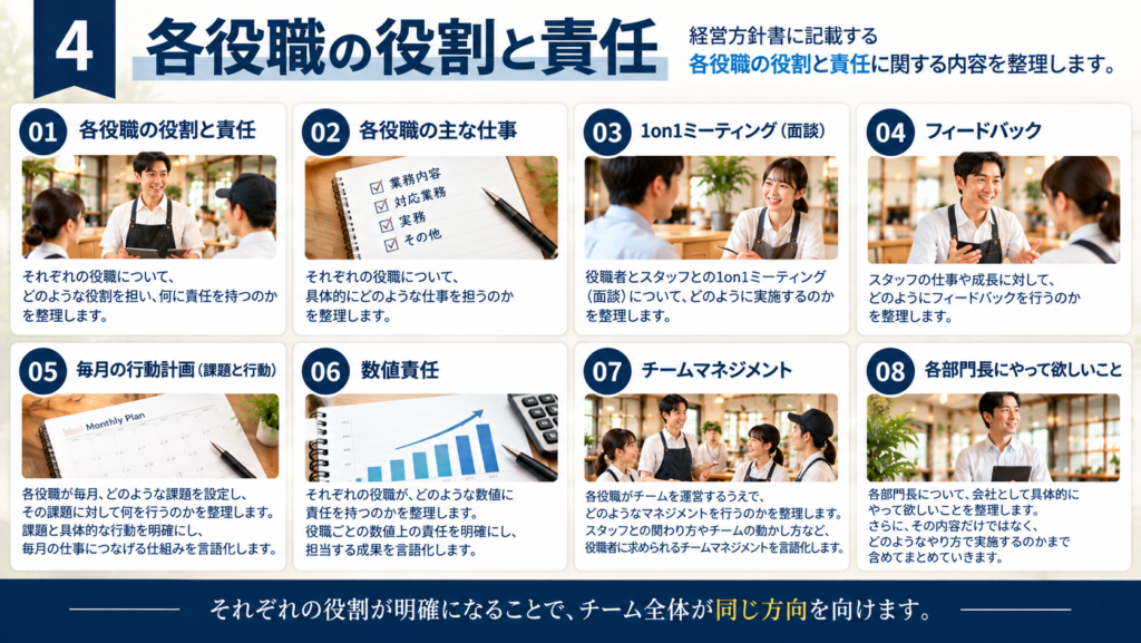 「各役職の役割と責任」をテーマに、経営方針書に整理する8つの内容を紹介した横長の図解。各役職の役割と責任、各役職の主な仕事、1on1ミーティング(面談)、フィードバック、毎月の行動計画(課題と行動)、数値責任、チームマネジメント、各部門長にやって欲しいことを、飲食店のスタッフや役職者が仕事をする様子、面談、計画、数値管理などの写真とともに紹介している。役職ごとの仕事や責任を明確にする経営方針書作成支援コンサルティングの内容を表現した画像。