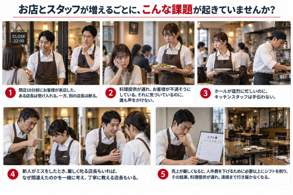 飲食店の多店舗化で、お店やスタッフが増えるごとに起こりやすい現場の課題を5つの写真で紹介した画像。閉店10分前のお客様への対応が店長によって異なる、料理提供が遅れて不満そうなお客様に誰も声をかけない、ホールが忙しくてもキッチンスタッフが手伝わない、新人のミスに対する店長の指導方法が異なる、売上低下時に人件費を削りすぎて料理提供や清掃に支障が出る、といった具体例を掲載。店舗やスタッフが増えるほど、理念や共通の判断基準がなければ、店長やスタッフそれぞれの価値観で行動し、接客・教育・店舗運営にばらつきが生じることを表現している。