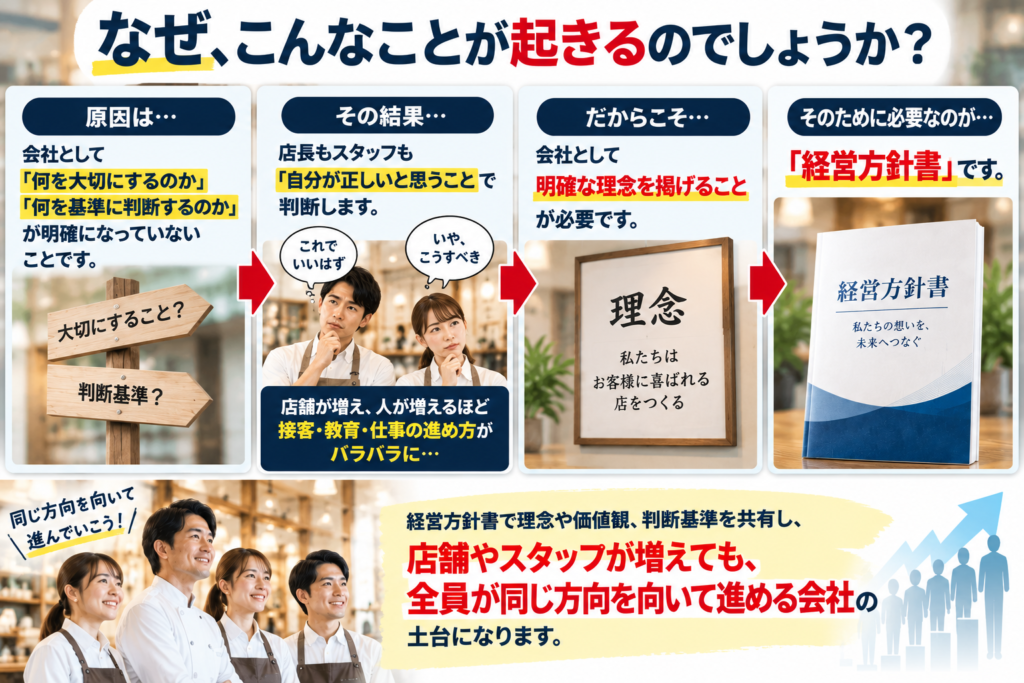 飲食店で店舗やスタッフが増える際に、なぜ接客・教育・仕事の進め方がバラバラになるのかを示した図解。「何を大切にするのか」「何を基準に判断するのか」が明確でないと、店長やスタッフがそれぞれ自分の価値観で判断し、店舗ごとに対応の違いが生まれることを表現している。その解決策として、会社が明確な理念を掲げ、経営方針書によって理念・価値観・判断基準をスタッフ全員で共有することを提示。多店舗化で人や店舗が増えても、全員が同じ方向を向いて行動できる組織づくりには、経営理念の浸透と経営方針書が重要であることを伝える画像。