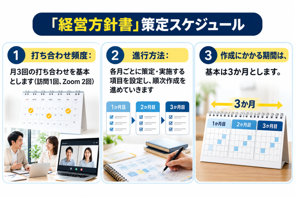 「経営方針書」策定スケジュールを示した画像。打ち合わせは月3回を基本とし、訪問1回・Zoom2回で実施。各月ごとに策定・実施する項目を設定し、順次作成を進める。経営方針書の作成期間は基本3か月で、1か月目から3か月目まで段階的に策定していく流れを、カレンダーや打ち合わせ風景とともに分かりやすく紹介している。