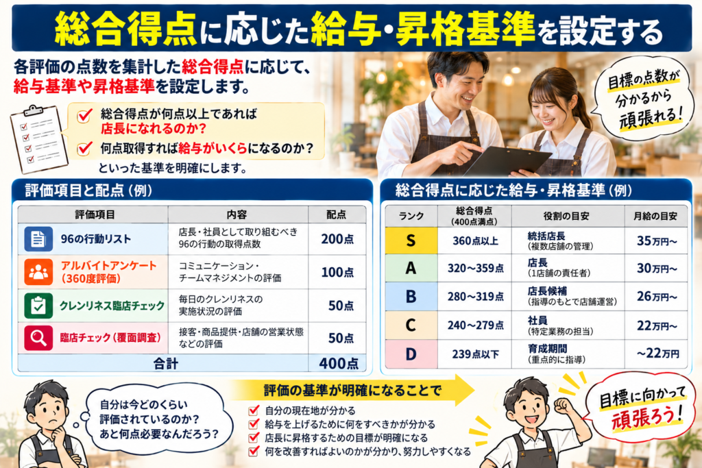 飲食店の店長・社員評価制度において、総合得点に応じた給与・昇格基準の設定方法を解説した画像。中西式店長・社員評価制度では、「96の行動リスト」の取得点数、アルバイトアンケート（360度評価）、クレンリネス臨店チェック、臨店チェック（覆面調査）などの評価点を集計し、総合評価を決定する。画像では、400点満点の架空の評価基準表を用い、S〜Dの5段階で店長・店長候補・社員などの役割と月給の目安を設定する事例を紹介。何点取得すれば店長に昇格できるのか、給与がいくらになるのかを明確にすることで、社員自身が現在の評価や不足している行動を把握し、目標を持って成長できる仕組みを表現している。