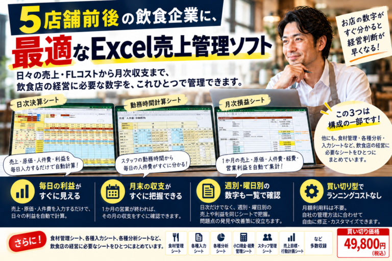5店舗前後の飲食企業の売上管理はエクセルを活用したこのソフトで決まり！｜日次FL管理から月次損益までExcelで一括管理