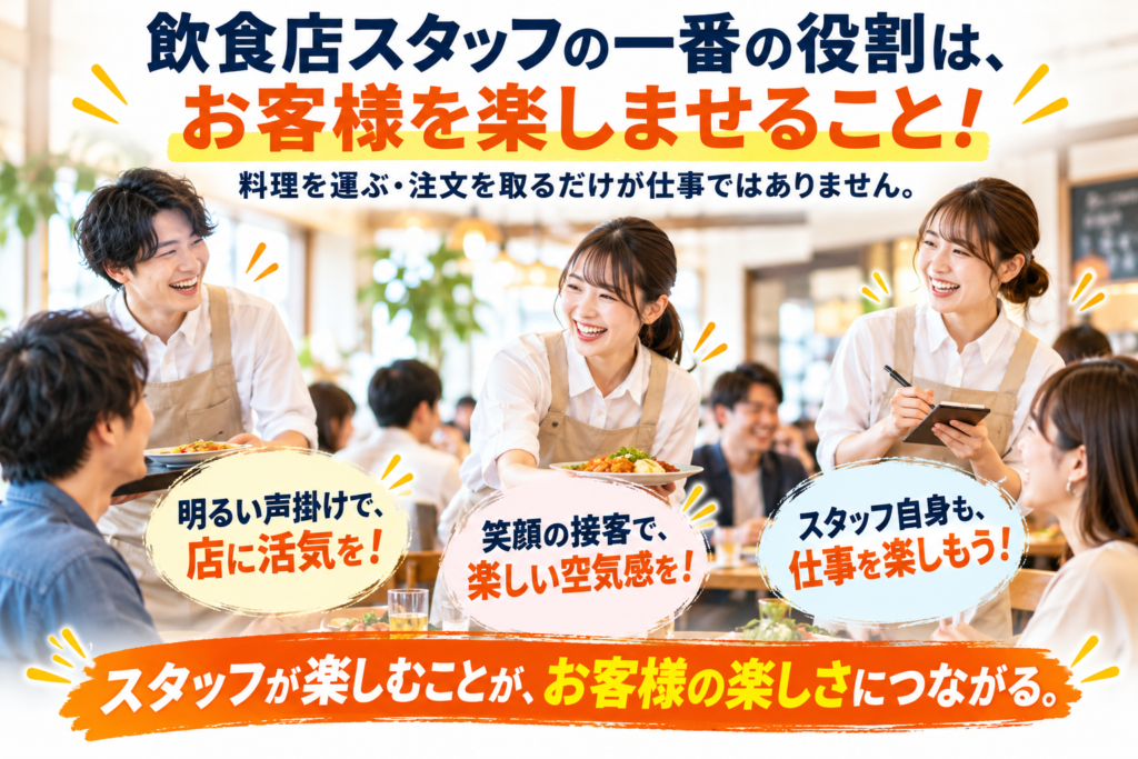 飲食店スタッフの一番の役割は「お客様を楽しませること！」というメッセージを伝える画像。明るく活気のある飲食店で、白いシャツとベージュのエプロンを着用したスタッフが、笑顔で料理を提供したり、お客様と会話したりする様子を描いている。「料理を運ぶ・注文を取るだけが仕事ではありません」と強調し、「明るい声掛けで店に活気を！」「笑顔の接客で楽しい空気感を！」「スタッフ自身も仕事を楽しもう！」という3つの行動を紹介。スタッフ自身が仕事を楽しむことが、お客様の楽しさや満足につながるという、飲食店の接客とスタッフ教育の大切な考え方を表現している。