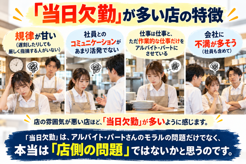 「当日欠勤」が多い飲食店の特徴を、実際の飲食店スタッフの写真を使って解説した画像。規律が甘く遅刻を厳しく指摘する人がいない、社員とのコミュニケーションが活発でない、アルバイト・パートに作業的な仕事だけをさせている、社員を含め会社への不満が多いという4つの特徴を紹介。スタッフが悩んだり、不満を抱えたりしている様子を写真で表現している。店の雰囲気が悪いほど当日欠勤が多い傾向があり、その原因はアルバイト・パートのモラルだけでなく、店長や社員がつくり出す職場の風土や、店側の問題にあるのではないかというメッセージを伝えている。