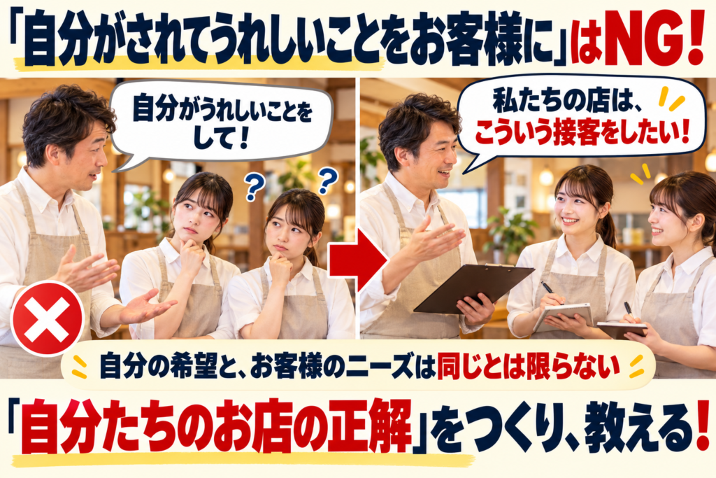 飲食店のZ世代アルバイト教育において、「自分がされてうれしいことをお客様にしてあげて」という指導が適切ではない理由を解説した画像。左側では、店長の抽象的な指示に若いスタッフが戸惑う様子を、右側では「私たちの店は、こういう接客をしたい！」と店長が具体的な接客方針を伝え、スタッフが理解する様子を対比。顧客ニーズが多様化する中、自分の希望とお客様の求めるサービスは必ずしも一致しないことを強調。飲食店は「自分たちのお店の正解」を明確にし、アルバイト・パートに教育・浸透させることが重要だと伝えている。