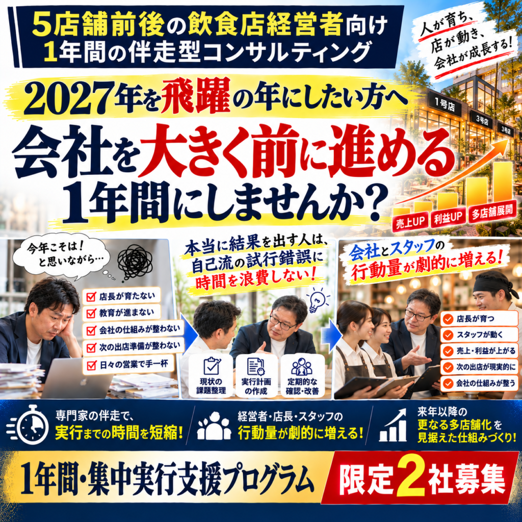 5店舗前後の飲食店経営者向け「1年間・集中実行支援プログラム」。2027年を飛躍の年にしたい経営者へ、「会社を大きく前に進める1年間にしませんか?」と呼びかける。店長育成、スタッフ教育、会社の仕組みづくり、次の出店準備など、毎年取り組もうと思いながら実行できていない課題を、専門家の伴走によって前進させる。本当に結果を出す人は、自己流の試行錯誤に時間を浪費しない。実行までの時間を短縮し、経営者・店長・スタッフの行動量を劇的に増やすことで、売上・利益の向上、更なる多店舗化を見据えた会社づくりを支援。限定2社募集。