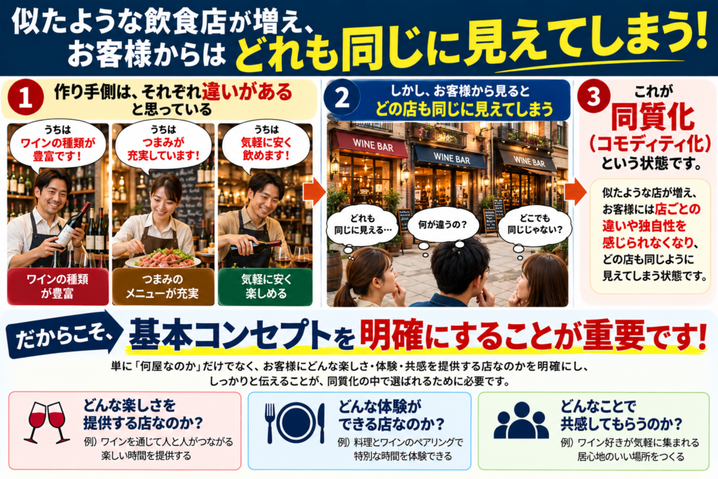 飲食店の同質化(コモディティ化)と基本コンセプトの重要性を解説した図解。似たような飲食店が増え、お客様からはどの店も同じように見えてしまう問題を、ワインバルの事例で紹介。作り手側は「ワインの種類が豊富」「つまみが充実」「気軽に安く飲める」と自店の違いを主張しているが、お客様から見ると「何が違うの?」「どこでも同じでは?」と感じてしまう。このように、お客様が店ごとの違いや独自性を感じられなくなる状態が同質化であることを説明。だからこそ、単に何屋なのかを伝えるだけでなく、「どんな楽しさを提供するのか」「どんな体験ができるのか」「どんなことで共感してもらうのか」を明確にし、お客様に自店の価値を伝える基本コンセプトづくりが重要であることを示している。