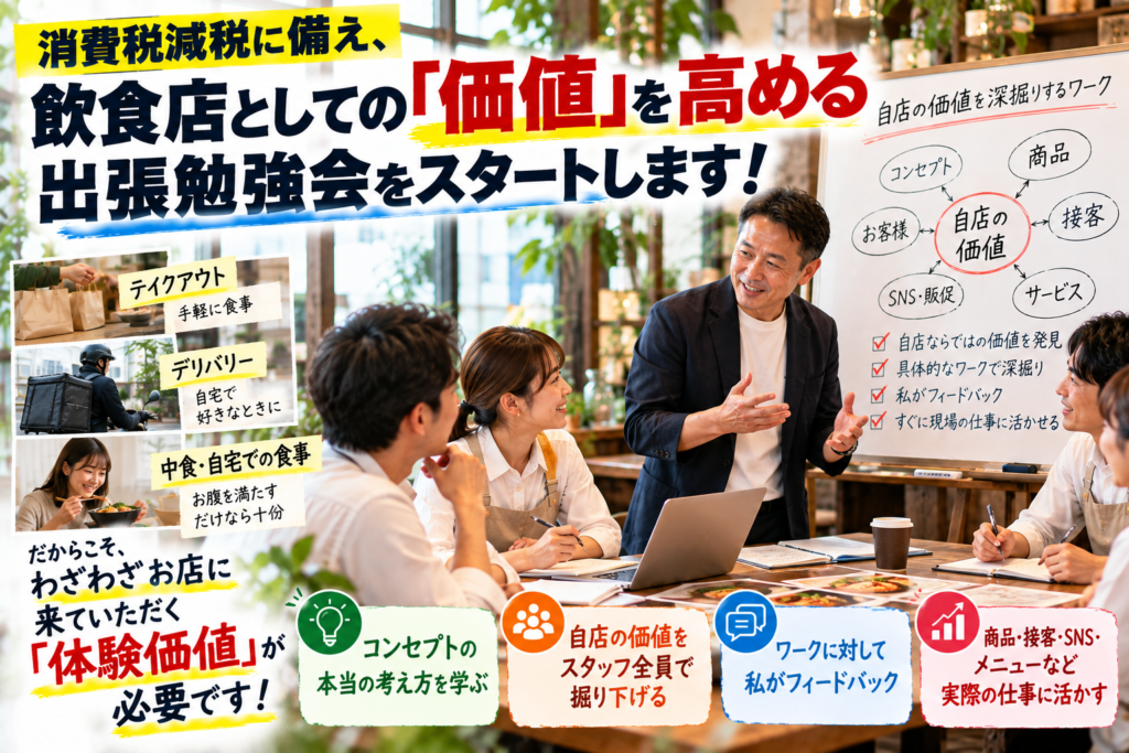 2027年の飲食料品の消費税減税を見据え、飲食店としての価値を高める出張勉強会を紹介する画像。左側にはテイクアウト、デリバリー、中食・自宅での食事を配置し、単に食事をするだけなら飲食店以外にも選択肢があることを表現。中央には、講師と飲食店スタッフが笑顔で意見を交わす勉強会の様子を掲載。右側のホワイトボードには、コンセプト、商品、お客様、接客、サービス、SNS・販促など、自店の価値を掘り下げるテーマを表示。コンセプトの本当の考え方を学び、スタッフ全員で自店の強みを発見し、講師のフィードバックを受けながら、商品づくりや接客、販促に活かすことで、わざわざ来店したくなる体験価値を高める勉強会であることを伝えている。