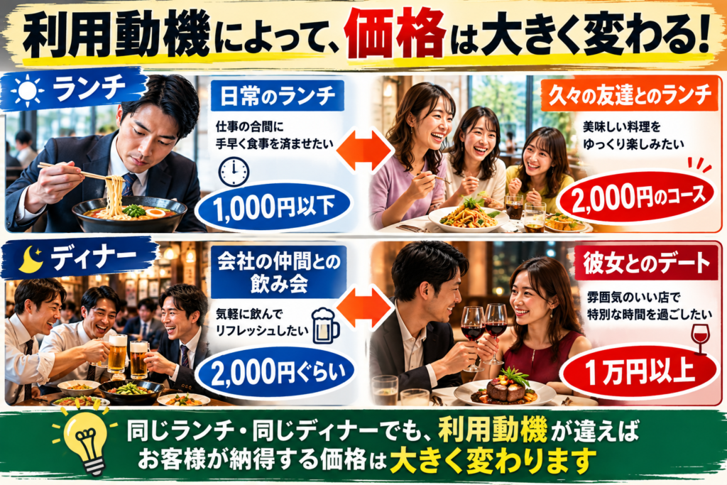 「利用動機によって、価格は大きく変わる！」をテーマに、飲食店の利用目的と価格の関係を比較した画像。ランチでは、仕事の合間に手早く食事を済ませる日常のランチは1,000円以下、久しぶりの友人とのランチは2,000円のコースを例示。ディナーでは、会社の仲間との気軽な飲み会は2,000円ぐらい、彼女との特別なデートは1万円以上を例示している。それぞれの場面を日本人客の食事風景の写真で表現し、同じランチやディナーでも、利用動機によってお客様が納得する価格は大きく異なることを説明。飲食店の価格設定では、原価だけでなく、お客様がどんな目的で店を利用するのかを考えることが重要だと伝えている。