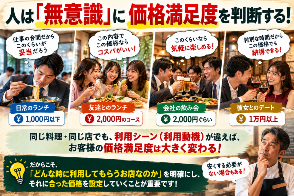 「人は無意識に価格満足度を判断する！」をテーマに、飲食店の利用動機と価格満足度の関係を説明した画像。日常のランチは1,000円以下、友達とのランチは2,000円のコース、会社の仲間との飲み会は2,000円ぐらい、彼女とのデートは1万円以上という4つの利用シーンを、日本人客の食事風景とともに比較。それぞれのお客様が「このくらいが妥当」「コスパがいい」「この価格でも納得できる」などと無意識に判断する様子を表現している。同じ料理や店でも、利用目的によって価格満足度は大きく変わることを強調。飲食店経営では、安さだけを追求するのではなく、「どんな時に利用してもらう店なのか」を明確にし、それに合った価格を設定することが重要だと伝えている。