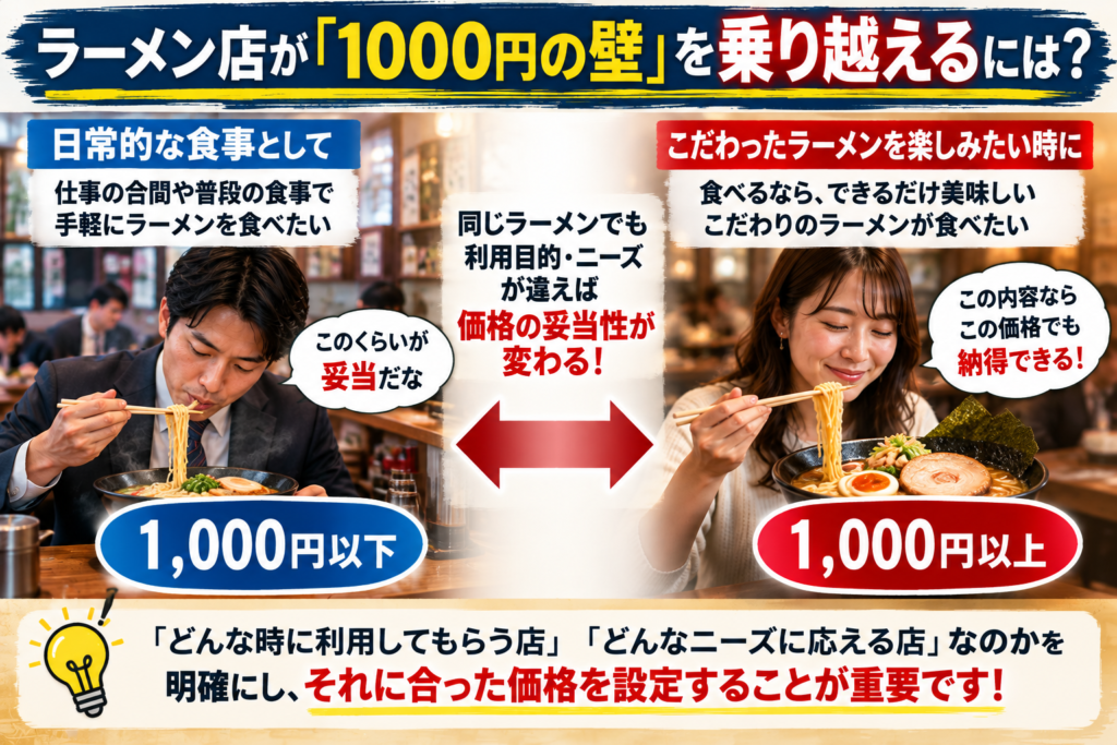 「ラーメン店が『1000円の壁』を乗り越えるには？」をテーマに、利用動機によってお客様が納得する価格が変わることを説明した画像。左側には、仕事の合間や普段の食事として手軽にラーメンを食べたい男性客と「1,000円以下」の価格を表示。右側には、こだわりの美味しいラーメンを楽しみたい女性客と「1,000円以上」の価格を表示している。同じラーメンでも、日常的な食事として利用するのか、美味しさを求めて来店するのかによって、価格の妥当性に対する判断は異なることを強調。ラーメン店が1000円の壁を乗り越えるには、自店が「どんな時に利用される店」「どんなニーズに応える店」なのかを明確にし、それに合った価格を設定することが重要だと伝えている。