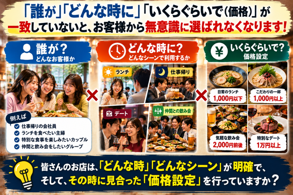 「誰が」「どんな時に」「いくらぐらいで（価格）」が一致していないと、お客様から無意識に選ばれなくなることを説明した画像。左側には、会社員、主婦、カップル、友人グループなどのターゲットを、中央にはランチ、仕事帰り、デート、仲間との飲み会といった利用シーンを写真で紹介。右側では、日常のランチは1,000円以下、こだわりのラーメンは1,000円以上、気軽な飲み会は2,000円前後、特別なデートは1万円以上という価格設定の違いを示している。飲食店が売れ続けるためには、ターゲット・利用動機・価格の一致が重要であり、特に「どんな時に利用してもらう店なのか」を明確にすることが、商品やサービスの改善、適切な価格設定につながると伝えている。