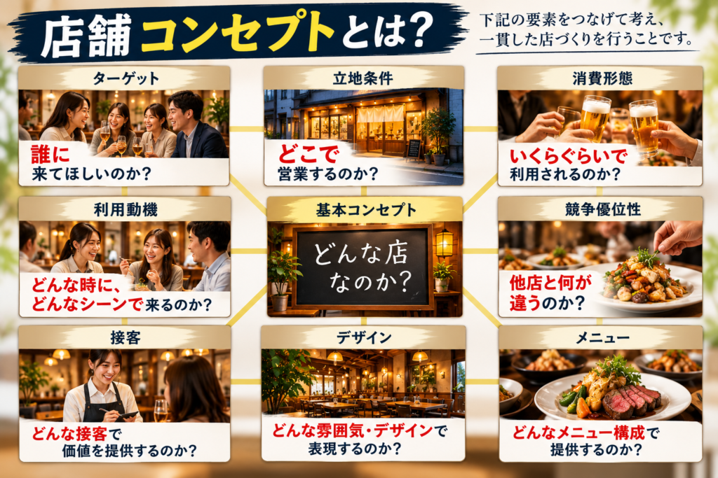 飲食店の店舗コンセプトを構成する9つの要素を、実際の飲食店や料理、接客シーンの写真を使って分かりやすく解説した画像。中心に「基本コンセプト(どんな店なのか?)」を配置し、ターゲット(誰に)、立地条件(どこで)、消費形態(いくらぐらいで)、利用動機(どんな時に、どんなシーンで)、競争優位性(他店と何が違うのか)を示している。さらに、これらを具体的な店づくりに反映する要素として、接客・デザイン・メニューを紹介。飲食店の売上を伸ばすには、商品開発を先に考えるのではなく、ターゲットや利用動機、他店との差別化を掘り下げ、コンセプトに基づいてメニュー構成や接客、店舗デザインに一貫性を持たせることが重要だと伝えている。