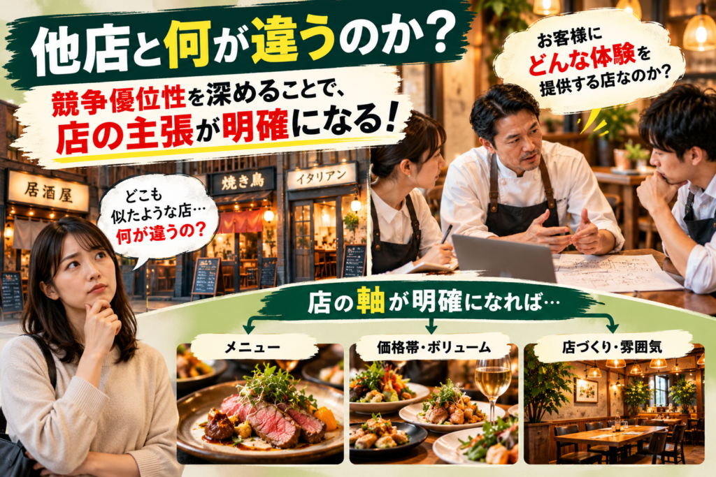 飲食店の競争優位性を深め、他店との違いや店の主張を明確にする重要性を伝える画像。大きなキャッチコピー「他店と何が違うのか?」を掲げ、左側には似たような飲食店が並ぶ中で「どこも似たような店…何が違うの?」と悩む女性客、右側には経営者とスタッフが自店の強みや提供価値について話し合う写真を配置。「お客様にどんな体験を提供する店なのか?」という問いを通じて、競争優位性を掘り下げることの重要性を表現している。下部には料理や店舗内装の写真を使い、店の軸が明確になれば、メニュー構成、価格帯、ボリューム、店づくりの方向性も定まることを説明。商品だけを考えるのではなく、自店ならではの価値を明確にすることが、お客様に選ばれる店づくりにつながると伝えている。