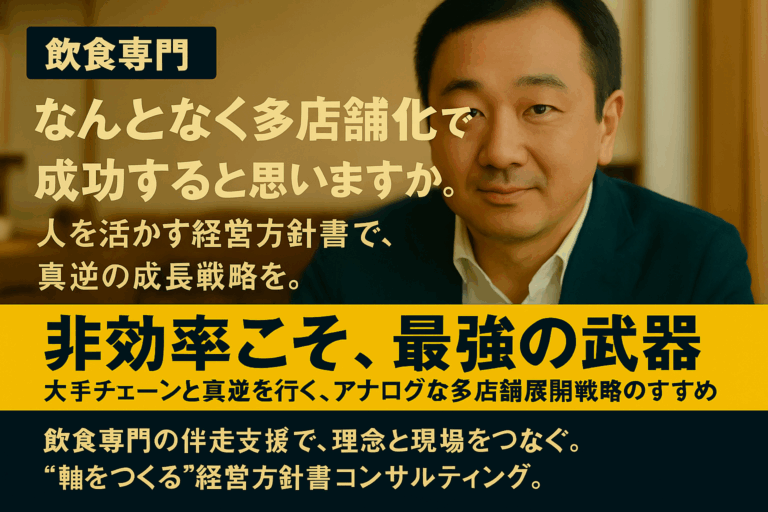 【飲食専門】 『なんとなく多店舗化』を卒業！人を活かす経営を実現する「経営方針書」作成コンサルティング