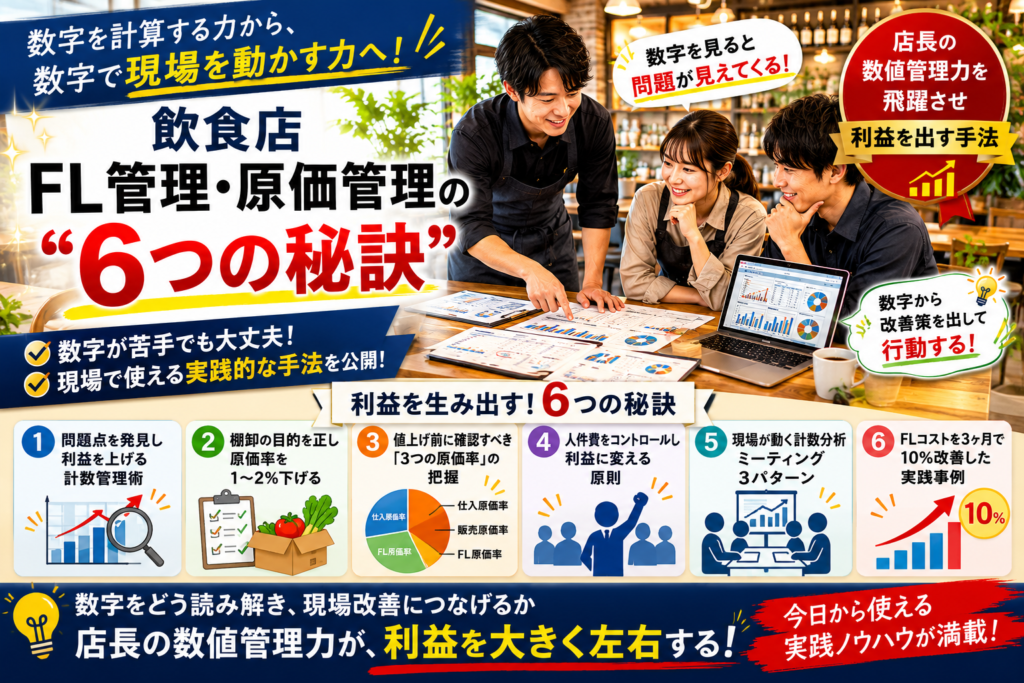飲食店FL管理・原価管理の「6つの秘訣」をテーマにした解説画像。

数値管理が苦手な店長や現場スタッフ向けに、利益を生み出すための実践的な数値管理手法を紹介しています。

中央では、店長とスタッフが売上データやグラフ資料を見ながら改善ミーティングを行い、「数字を見て問題を発見し、改善行動につなげる」様子を表現。画像内では、店長の数値管理力を飛躍させ利益を出すための6つのポイントとして、

① 問題点を発見し利益を上げる計数管理術
② 原価率を1〜2％下げる具体策
③ 値上げ前に確認すべき3つの原価率
④ 人件費コントロールの原則
⑤ 現場が動く計数分析ミーティング
⑥ FLコストを3ヶ月で10％改善した実践事例

を図解で紹介しています。

「数字をどう読み解き、現場改善につなげるか」を学ぶことで、店長の数値管理力を高め、利益を出せる店舗づくりにつなげる考え方を伝える内容です。