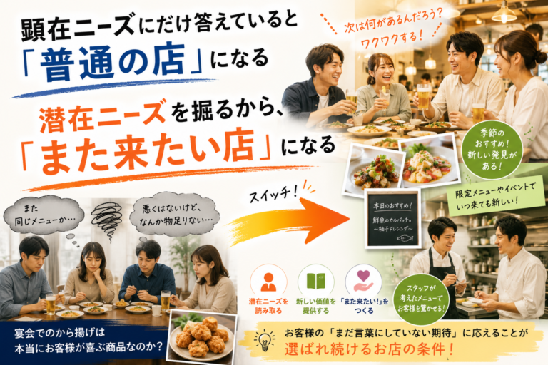 顕在ニーズにだけ応えていると、 「普通の店」になる。潜在ニーズを掘るから、 「また来たい店」になる