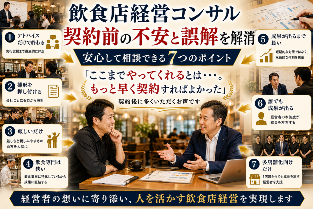飲食店経営コンサル契約前の不安や誤解を解消するための案内画像。『飲食店経営コンサル 契約前の不安と誤解を解消｜安心して相談できる7つのポイント』をテーマに、飲食店経営コンサルタントの役割や支援内容を紹介している。画像中央ではコンサルタントと飲食店経営者が対話し、伴走型コンサルティングの様子を表現。周囲には「アドバイスだけで終わる」「雛形を押し付ける」「厳しいだけ」「飲食専門は狭い」「成果が出るまで長い」「誰でも成果が出る」「多店舗化向けだけ」といった契約前によくある誤解を配置し、それぞれに対する支援の特徴を解説している。『ここまでやってくれるとは…。もっと早く契約すればよかった』という利用者の声を掲載し、中西フードビジネス研究所による飲食店コンサルティング、人材育成、店長教育、仕組み化、現場改善、組織づくり、伴走支援の特徴を紹介する画像。