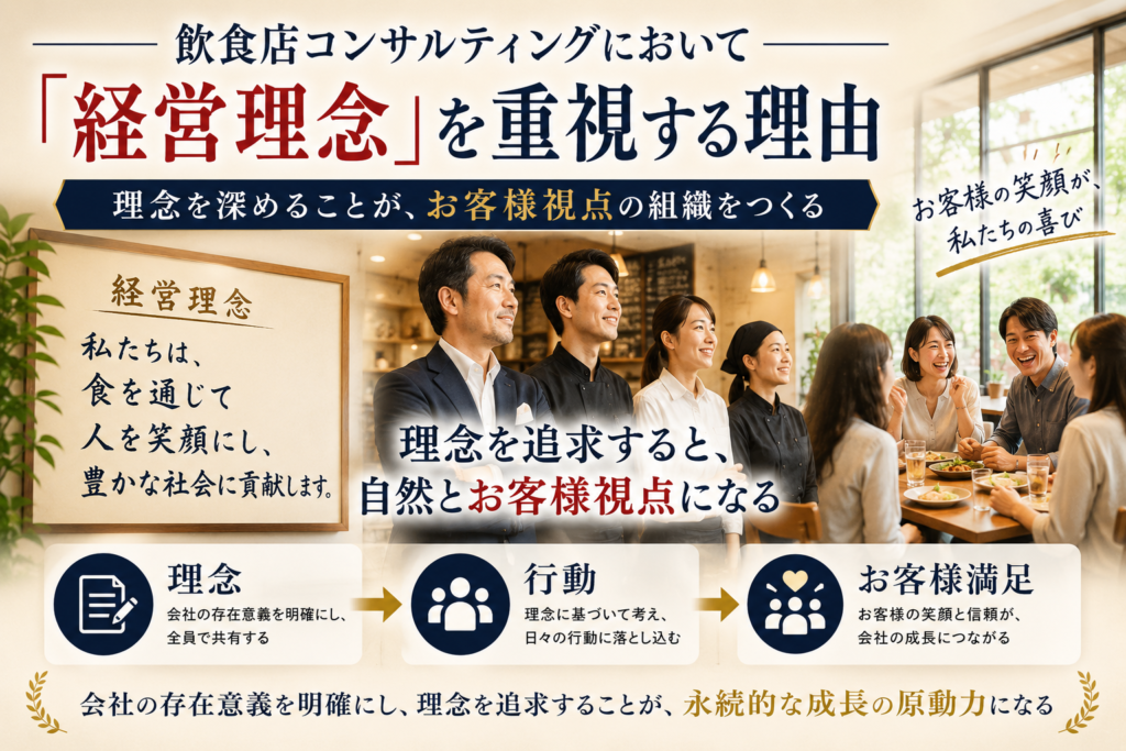 飲食店コンサルティングにおいて経営理念を重視する理由を解説する画像。経営理念を深めることでお客様視点の組織づくりにつながることを表現している。中央には経営者・店長・スタッフが同じ方向を見つめる姿を配置し、右側には楽しそうに食事をするお客様を掲載。『理念を追求すると、自然とお客様視点になる』というメッセージとともに、「理念→行動→お客様満足」の流れを図解している。飲食店経営コンサルタントによる理念浸透、人材育成、組織づくり、社員教育、お客様満足向上、理念経営の重要性を紹介する画像。中西フードビジネス研究所が提唱する『人を活かす飲食店経営』の考え方を表現し、経営理念を現場で活かしながら永続的な成長を目指す飲食店経営を伝えている。
