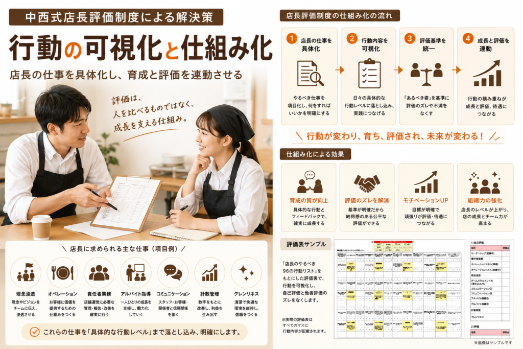 飲食店の店長評価制度を仕組み化する考え方を解説したイメージ図。店長とスタッフが面談を行う様子を中心に、店長の仕事の具体化、行動の可視化、評価基準の統一、育成と評価の連動という流れを図解。理念浸透、オペレーション、責任者業務、アルバイト指導、コミュニケーション、計数管理、クレンリネスなど店長に求められる役割を整理し、行動基準を明確にすることで評価のズレをなくし、人材育成を仕組み化する考え方を表現している。右下には店長評価表のサンプルを掲載。