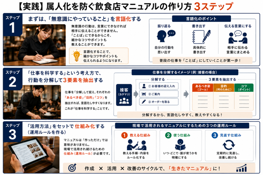 属人化を防ぐ飲食店のマニュアルの作り方3ステップを解説した図解。ステップ1『無意識にやっていることの言語化(振り返る・書き出す・伝える言葉にする)』、ステップ2『仕事を科学する考え方での行動分解と3要素(あるべき姿・目的・コツ)の抽出』、ステップ3『活用方法をセットで仕組み化(教える仕組み・使う仕組み・見直す仕組みの3つの運用ルール)』という、作成・活用・改善のサイクルを回すプロセスを解説