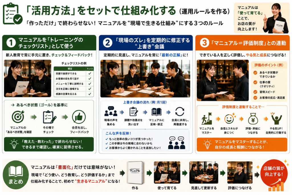飲食店のマニュアルの作り方・活用方法を解説した図解。作っただけで終わらせず現場で活かす3つのルールとして、1.マニュアルをトレーニングのチェックリスト(笑顔での挨拶、復唱などの例)として使いその場でフィードバックすること、2.月1回の上書き会議で現場の声を反映し定期的に修正すること、3.評価制度と連動させあるべき状態の達成度や仕事の質を正しく評価し成長に繋げることを提示。書面化だけで終わらせず『作る・使って育てる・見直して更新する・評価につなげる』サイクルで店舗の質を向上させる仕組みを解説