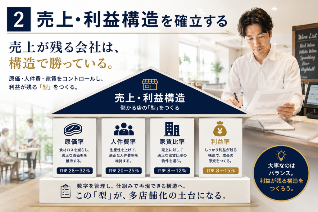 代替テキスト(SEO考慮版)
飲食店の多店舗展開を成功させるために必要な売上・利益構造の確立を表現したイメージ画像。原価率、人件費率、家賃比率、利益率のバランスを土台として、利益が残る経営の仕組みを構築する重要性を示している。多店舗展開において安定した利益を確保するために、売上・利益構造を標準化し、再現性のある経営モデルを構築することの重要性を伝えている。