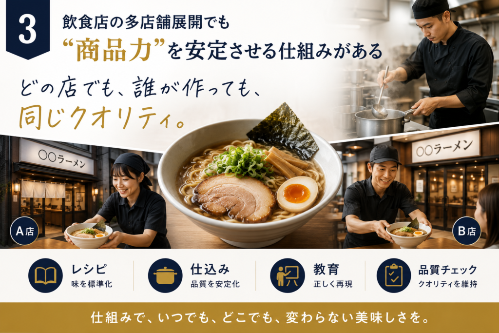 代替テキスト(SEO考慮版)
飲食店の多店舗展開でも商品力を安定させる仕組みを表現したイメージ画像。複数店舗で同じラーメンを提供する様子と調理シーンを通じて、どの店でも誰が作っても同じクオリティを再現する重要性を表現している。レシピの標準化、仕込みの統一、スタッフ教育、品質チェックによって商品品質を維持し、多店舗展開を進めても売上を落とさない仕組みづくりの重要性を伝えている。