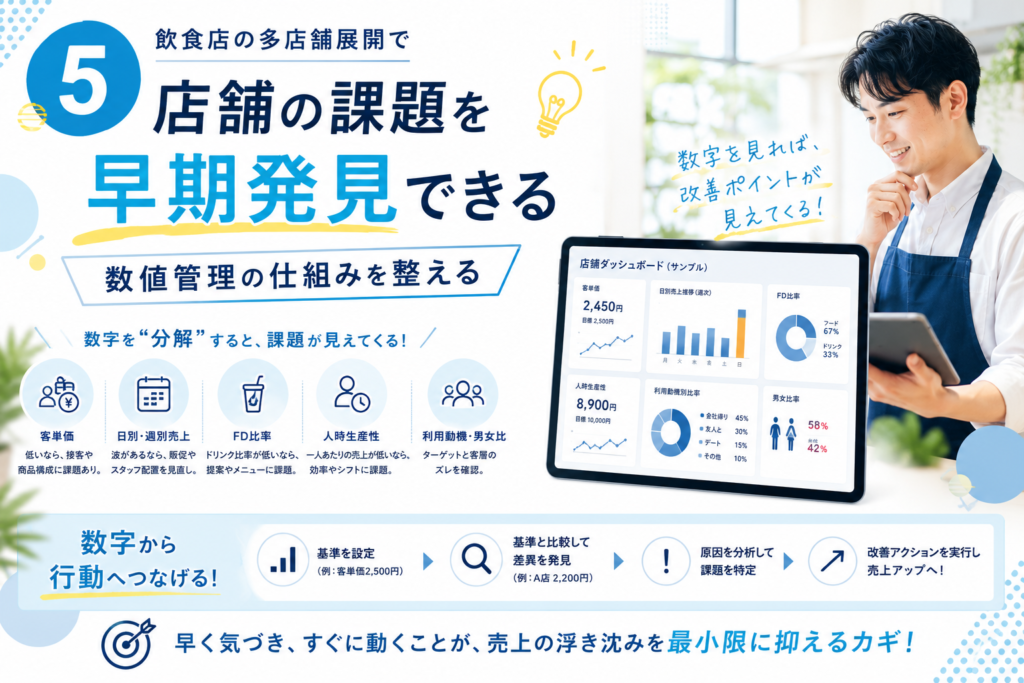 飲食店の多店舗展開を成功させるために必要な「店舗の課題を早期発見できる数値管理の仕組み」を表現したイメージ画像。店舗ダッシュボードで客単価、日別売上、FD比率、人時生産性、利用動機などの数値を分析し、店舗の課題を可視化する様子を表現している。数値を分解して問題点を発見し、改善アクションにつなげることで、売上向上と利益改善を実現する飲食店の数値管理の重要性を伝えている。