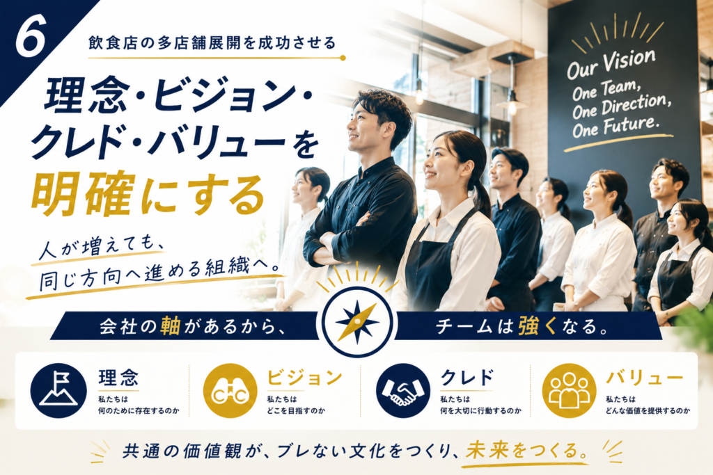 飲食店の多店舗展開を成功させるために必要な理念・ビジョン・クレド・バリューの重要性を表現したイメージ画像。複数のスタッフが同じ方向を見つめる様子と羅針盤のモチーフを用い、人が増えても価値観や判断基準がブレない組織づくりを表現している。理念経営を通じて組織の一体感を高め、店舗数が増えても同じ文化やサービス品質を維持しながら成長していく、多店舗展開における理念浸透の重要性を伝えるデザイン。