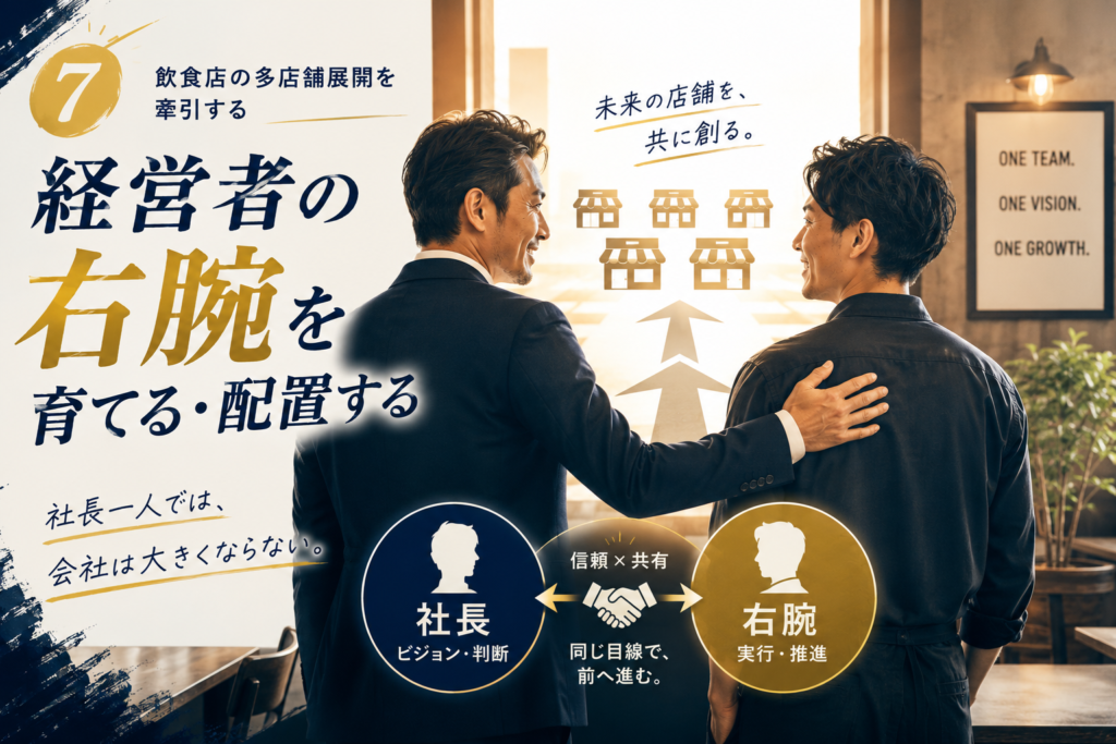 飲食店の多店舗展開を成功させるために必要な「経営者の右腕(No.2)」の育成を表現したイメージ画像。社長と右腕候補が同じ方向を見据えながら店舗展開の未来を描き、組織づくり・店長育成・理念浸透を進める様子を表現している。多店舗経営では、社長と同じ視点で判断・実行できる右腕の存在が、店舗拡大と組織成長の鍵となる。