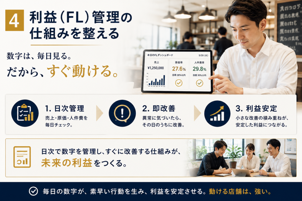 飲食店の多店舗展開を支える利益(FL)管理の仕組みを表現したイメージ画像。経営者がタブレットで売上・原価率・人件費率などの日次データを確認し、店舗の利益状況をリアルタイムで把握している様子を描いている。日次でFL管理を行い、異常値や課題を早期発見して即改善することで、利益を安定させながら多店舗展開を進める重要性を伝えている。飲食店経営における数値管理と利益改善の仕組みづくりを表現したデザイン。
