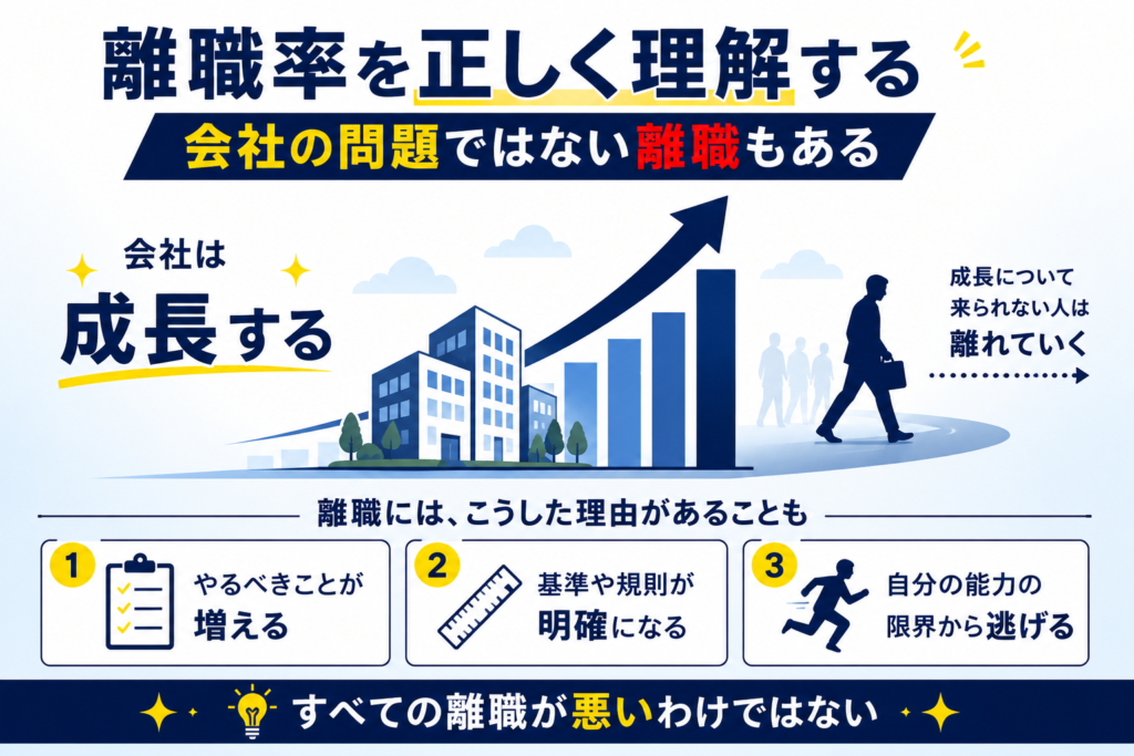 飲食店の離職率を正しく理解するための図解。会社の成長に伴い、業務の明確化やルール整備、評価制度の導入が進む中で、「やるべきことが増える」「基準や規則が明確になる」「自分の能力の限界から逃げる」といった理由で離職するスタッフもいることを解説している。成長する会社のイメージと上向きの矢印を用いて、すべての離職が会社の問題ではなく、会社の成長過程で起こる離職もあることを表現した画像。飲食店の離職率改善、人材育成、スタッフ定着、評価制度づくりを考える経営者向けの内容。