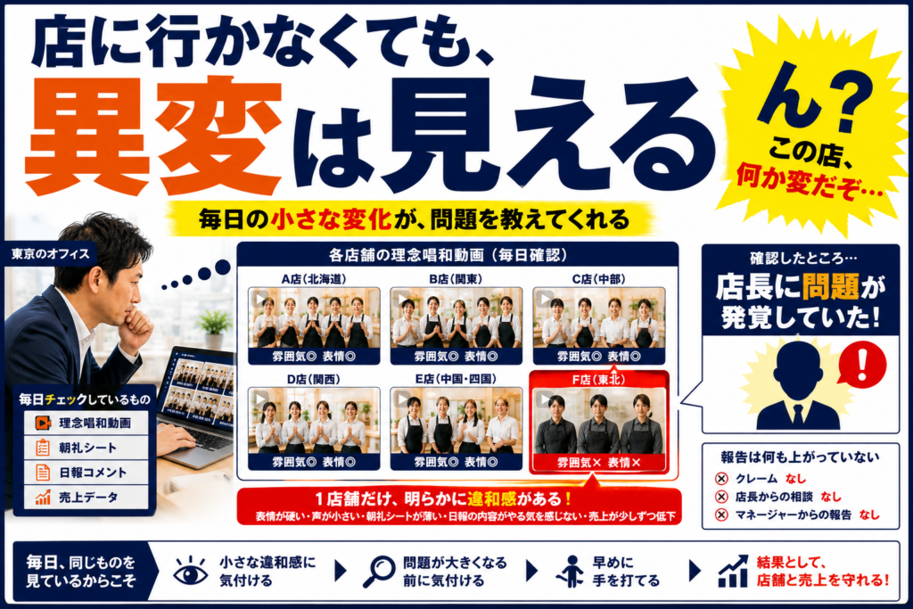飲食店マネージャーが遠隔から店舗の異変を発見する仕組みを表現した画像。東京のオフィスでマネージャーが理念唱和動画、朝礼シート、日報コメント、売上データを日々確認し、複数店舗の中から1店舗だけ雰囲気や表情に違和感がある店舗を発見している様子を描いている。スタッフの表情の変化や日々の小さな変化を定点観測することで、店長の問題や売上低下の前兆を早期に察知し、大きな問題になる前に対処する重要性を表現している。飲食店の多店舗展開、マネージャー育成、問題発見力、理念唱和、朝礼運営、日報管理、売上管理、店舗改善における定点観測の重要性を示した画像。