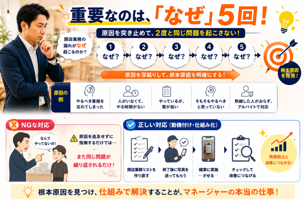 飲食店マネージャーに必要な原因追及と問題解決の考え方を解説した画像。「なぜ」を5回繰り返して根本原因を明確にし、同じ問題を二度と起こさない仕組みを作る重要性を表現している。開店業務の漏れを例に、業務を忘れた、人手不足、作業品質の低下、認識不足、経験不足など複数の原因を洗い出し、根本原因を特定する流れを図解。原因を追及せずに指摘だけを行う対応と、業務リストの作成や実施確認によって仕組み化する正しい対応を比較し、再発防止と店舗改善につなげる考え方を示している。飲食店の多店舗展開、マネージャー育成、問題解決、原因分析、根本原因追及、仕組み化、再発防止、店長指導に必要な仕事の進め方を表現した画像。
