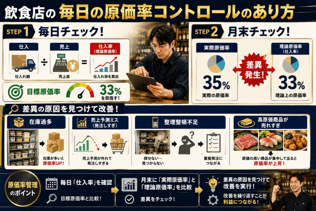 飲食店の原価率管理と原価コントロール手法を解説したインフォグラフィック画像。タイトルは「飲食店の毎日の原価率コントロールのあり方」。左側では「STEP1 毎日チェック！」として、仕入額を売上高で割って仕入率（理論原価率）を算出し、目標原価率33％を目指して日々管理する流れを図解している。中央にはタブレットで数値を確認する店長の写真を配置。

右側では「STEP2 月末チェック！」として、実際原価率35％と理論原価率33％を比較し、差異発生の有無を確認する重要性を説明。下段では、原価率上昇の原因として「在庫過多」「売上予測ミスによる発注しすぎ」「冷蔵庫や冷凍庫の整理整頓不足による重複発注」「高原価商品の売れすぎ」の4つを、写真やアイコンを用いて視覚的に解説している。

最下部には「原価率管理のポイント」として、「毎日仕入率を確認する」「月末に実際原価率と理論原価率を比較する」「差異の原因を見つけて改善を実行する」という原価率改善の基本サイクルを示している。飲食店経営者や店長向けに、利益を残すための原価管理、仕入管理、在庫管理、発注管理の考え方を分かりやすくまとめた解説画像。