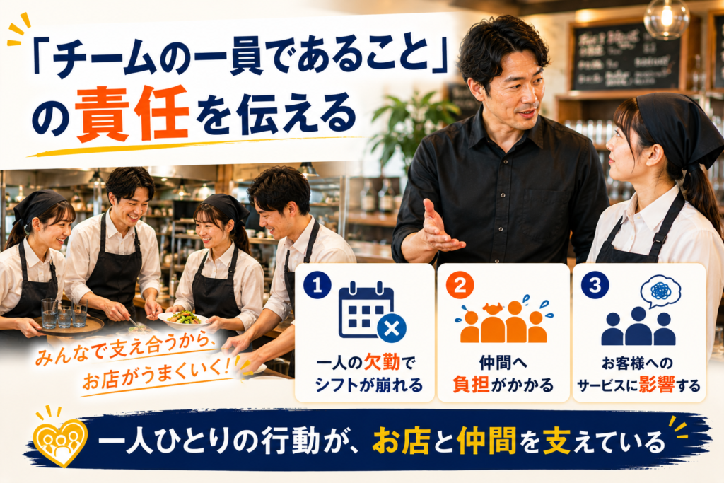 飲食店アルバイト教育において、「チームの一員であること」の責任を新人スタッフへ伝える重要性を表現した教育用イメージ画像。店長が新人アルバイトへ仕事の考え方や責任について説明している様子と、スタッフ同士が協力しながら店舗運営を行っている様子が描かれている。画像内では「一人の欠勤でシフトが崩れる」「仲間へ負担がかかる」「お客様へのサービスに影響する」という3つのポイントを通じて、飲食店がチームワークによって成り立っていることを分かりやすく解説している。新人アルバイト研修やスタッフ教育では、単に接客や調理を教えるだけでなく、自分の行動が仲間やお客様に影響を与えることを理解させることが重要である。無断欠勤や当日欠勤が店舗運営に与える影響を理解し、責任感を持って行動できる人材を育成することが、強い組織づくりや良好な職場環境につながる。飲食店経営における人材育成、アルバイト教育、店長教育、組織づくり、チームワーク向上の重要性を表現した記事のメインビジュアル。お客様満足度向上と働きやすい職場づくりを実現するためには、一人ひとりがチームの一員としての自覚と責任を持つことが大切であることを伝えている。