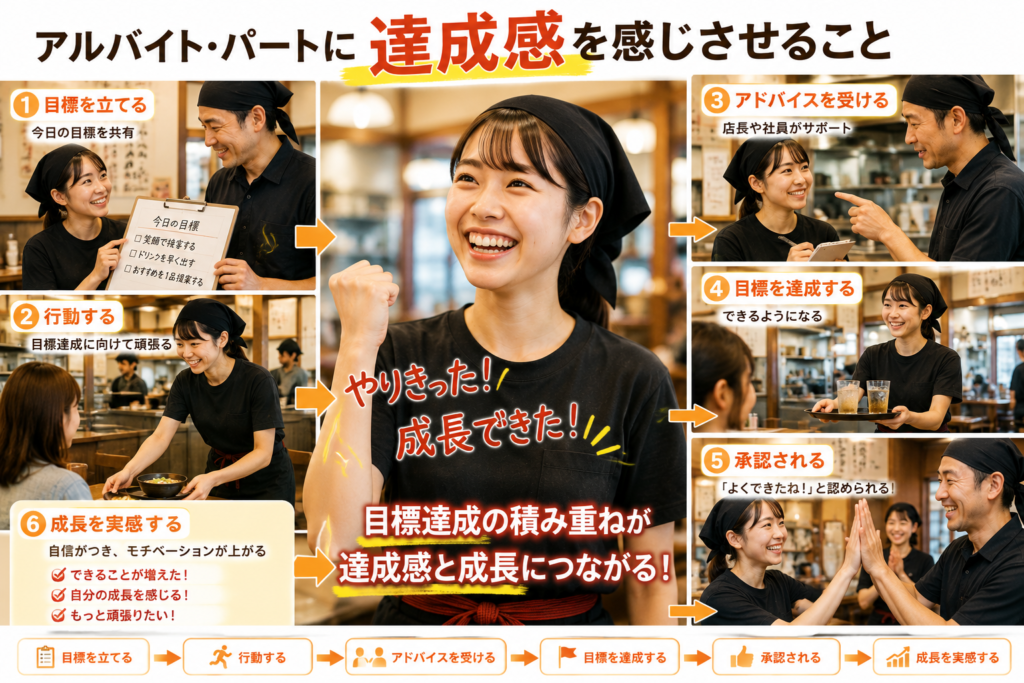 飲食店のアルバイト・パート教育において達成感を感じさせる重要性を解説するイメージ。店長とアルバイトが目標を共有し、接客や配膳に取り組み、アドバイスやサポートを受けながら成長。目標達成後に承認され、笑顔で達成感と成長実感を得る様子を、飲食店の現場写真とともに表現した教育・人材育成コンテンツ用画像。