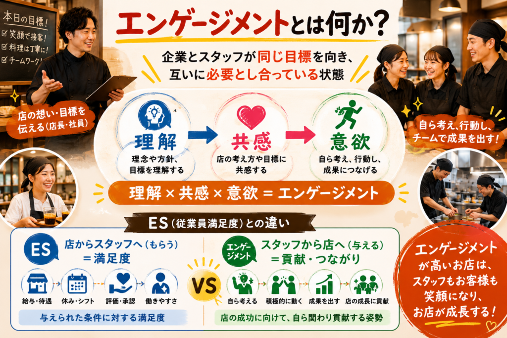 飲食店のエンゲージメント向上を解説した図解。店長・社員が理念や方針、ビジョンを伝え、スタッフの成長を支援することで、アルバイト・パートスタッフが会社の目標に共感し、自ら考えて行動する状態を示している。「理解」「共感」「意欲」の3ステップでエンゲージメントが高まり、チームワーク強化、スタッフ定着率向上、お客様満足度向上、店舗成長につながる仕組みを説明。ES(従業員満足度)との違いも比較し、飲食店経営における人材育成と組織づくりの重要性をまとめた図解。