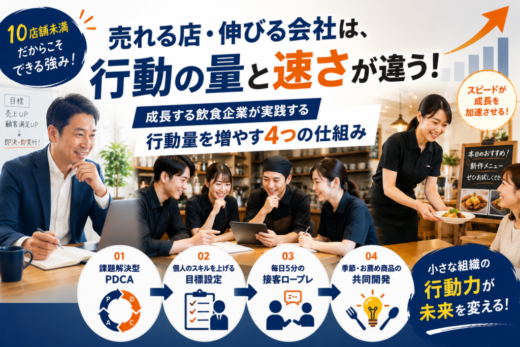 飲食店の経営者やスタッフが店舗内で打ち合わせや接客改善に取り組む様子を表現したアイキャッチ画像。中央には「売れる店・伸びる会社は、行動の量と速さが違う!」という大きなタイトルを配置し、その下に「成長する飲食企業が実践する 行動量を増やす4つの仕組み」と表示。画像内では、社長や店長が改善策を検討する姿、スタッフ同士がミーティングを行う姿、接客シーンなどを通じて、行動量と決断スピードの重要性を表現している。下部には「課題解決型PDCA」「個人のスキルを上げる目標設定」「毎日5分の接客ロープレ」「季節・お薦め商品の共同開発」の4つの取り組みを図解。10店舗未満の飲食企業が持つ機動力や実行力を活かし、売上向上や組織成長を実現する経営の考え方をイメージしたデザイン。