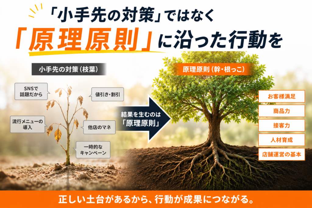 「小手先の対策」ではなく「原理原則」に沿った行動をテーマにした飲食店経営向けの解説画像。左側には枯れかけた木を配置し、「SNSで話題だから」「値引き・割引」「流行メニューの導入」「他店のマネ」「一時的なキャンペーン」などの小手先の対策を表現。右側には根を深く張った大きな木を配置し、「お客様満足」「商品力」「接客力」「人材育成」「店舗運営の基本」といった原理原則を表現している。中央には「結果を生むのは『原理原則』」というメッセージを配置し、飲食店経営において流行や一時的な施策に頼るのではなく、顧客満足や人材育成などの本質的な取り組みが成果につながることを視覚的に伝えている。下部には「正しい土台があるから、行動が成果につながる。」というメッセージを掲載し、飲食店の売上向上や組織成長における原理原則の重要性を表現したデザイン。