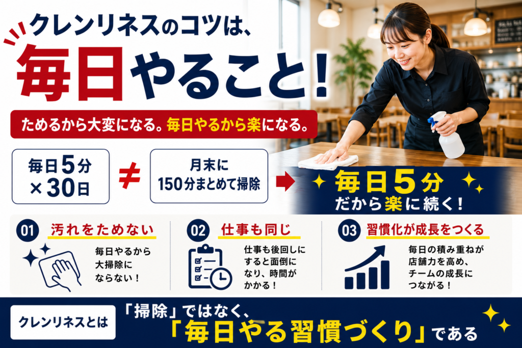 飲食店のクレンリネス（清掃・衛生管理）の重要性を解説する教育用画像。大きく「クレンリネスのコツは、毎日やること！」と表示され、飲食店スタッフがテーブルを清掃している写真を掲載。「ためるから大変になる。毎日やるから楽になる。」というメッセージとともに、「毎日5分×30日」と「月末に150分まとめて掃除」の違いを比較し、日々の清掃習慣の大切さを訴求している。下部では「汚れをためない」「仕事も同じ」「習慣化が成長をつくる」の3つのポイントを紹介し、掃除だけでなく店舗運営や人材育成も毎日の積み重ねが成果につながることを解説。最後に「クレンリネスとは『掃除』ではなく、『毎日やる習慣づくり』である」と強調している。