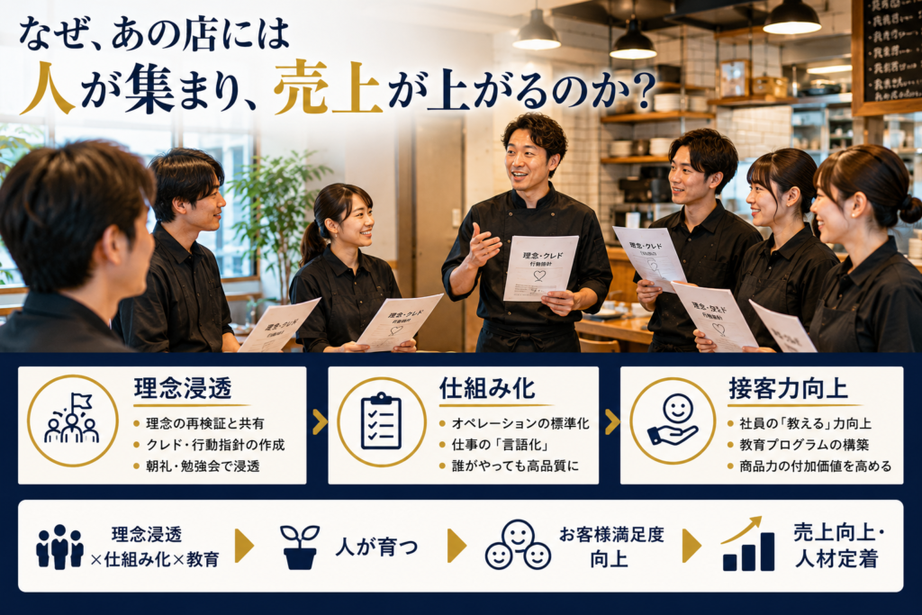飲食店の朝礼・ミーティング風景をメインに使用した記事用画像。「なぜ、あの店には人が集まり、売上が上がるのか?」というタイトルのもと、店長がスタッフへ理念やクレドを共有し、社員・アルバイトが真剣に話を聞いている様子が描かれている。画像中央には「理念浸透」「仕組み化」「接客力向上」の3つの要素を配置し、理念の再検証やクレド・行動指針の作成、オペレーションの標準化、教育プログラムの構築などを表現。下部では「理念浸透×仕組み化×教育」から「人が育つ」「お客様満足度向上」「売上向上・人材定着」へとつながる流れを図解している。人材育成、理念浸透、接客力向上を通じて、飲食店の売上向上と人材定着を実現する仕組みづくりの重要性を伝えるデザイン。明るく活気のある店舗環境の中で、スタッフが成長し、お客様から選ばれる強い組織づくりを表現している。