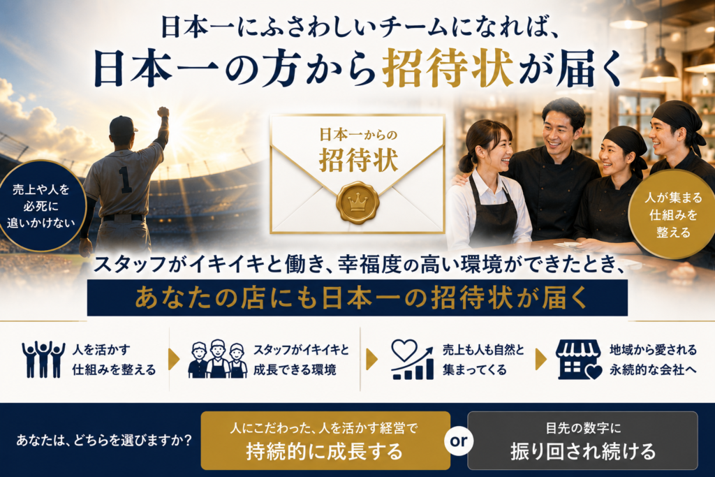 「日本一にふさわしいチームになれば、日本一の方から招待状が届く」というメッセージを中心に据えた飲食店経営向けのイメージ画像。中央には「日本一からの招待状」と書かれた封筒が配置され、左側には野球場で勝利を目指す選手の後ろ姿、右側には笑顔で働く飲食店スタッフのチームが描かれている。画像内では「売上や人を必死に追いかけない」「人が集まる仕組みを整える」といった考え方を提示し、「スタッフがイキイキと働き、幸福度の高い環境ができたとき、あなたの店にも日本一の招待状が届く」というメッセージを表現している。下部では「人を活かす仕組みを整える → スタッフが成長できる環境をつくる → 売上も人も自然と集まる → 地域から愛される永続企業へ」という流れを図解。飲食店の理念経営、人材育成、組織づくり、社員満足度向上、売上向上、人材定着を通じて、持続的な成長と地域に愛される会社づくりを目指す経営のあり方を表現したデザインとなっている。