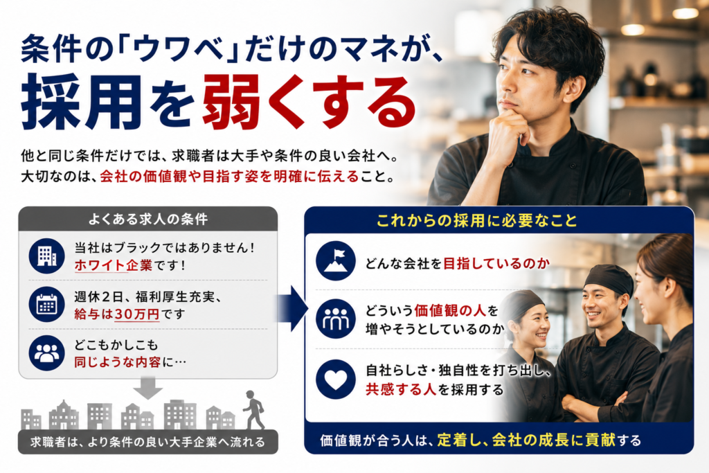 飲食店の採用戦略をテーマにした解説画像。上部に「条件の『ウワベ』だけのマネが、採用を弱くする」という大きなタイトルを配置し、条件面だけを訴求する採用活動の限界を表現している。左側には「よくある求人の条件」として、「ホワイト企業です」「週休2日・福利厚生充実・給与30万円」「どこも同じような内容」といった求人広告の特徴を掲載し、求職者がより条件の良い大手企業へ流れていく様子を矢印とイラストで示している。
右側には「これからの採用に必要なこと」として、「どんな会社を目指しているのか」「どういう価値観の人を増やそうとしているのか」「自社らしさ・独自性を打ち出し共感する人を採用する」といったポイントを整理。飲食店スタッフが笑顔でコミュニケーションを取る写真を配置し、価値観に共感した人材の採用と定着を表現している。
飲食店の人材採用、社員定着、離職率改善、価値観採用、採用ブランディング、理念経営、人材育成、中小飲食企業の採用戦略をテーマにしたインフォグラフィック画像。